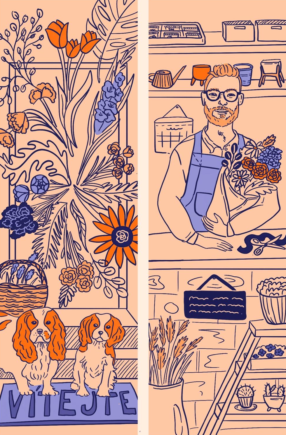 Ilustrace prodejny: květiny, dva kavalíři na rohožce Vítejte a Tomáš s kyticí