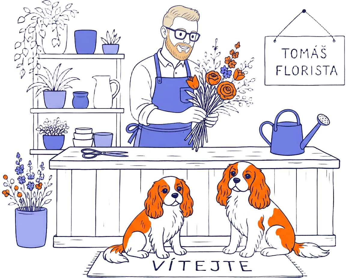 Ilustrace Tomáše s kyticí v prodejně Tomáš FLORISTA