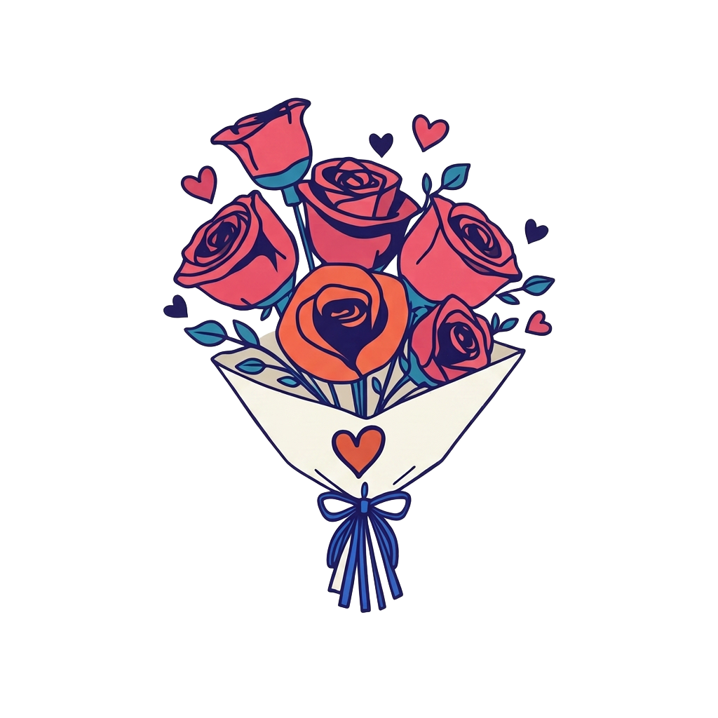 Ilustrace valentýnské kytice s růžemi a srdcem
